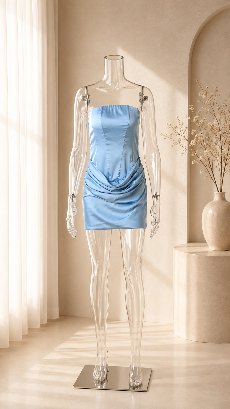 Asymmetric Draped Satin Bodycon Mini Dress