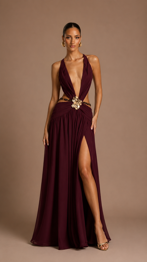 Soleil Lace-Up Chiffon Maxi Dress