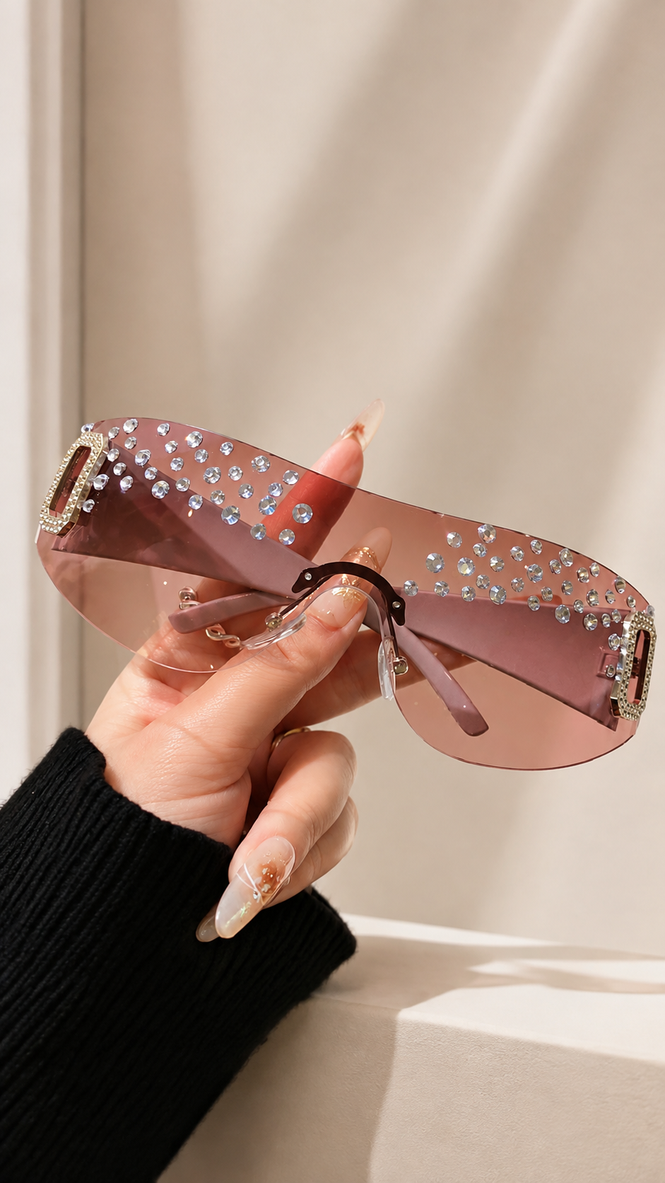 Rhinestone Rimless Shield Sunglasses