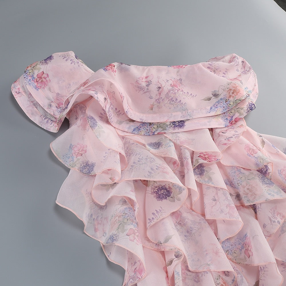Floral Chiffon One Shoulder Ruffle Mini Dress