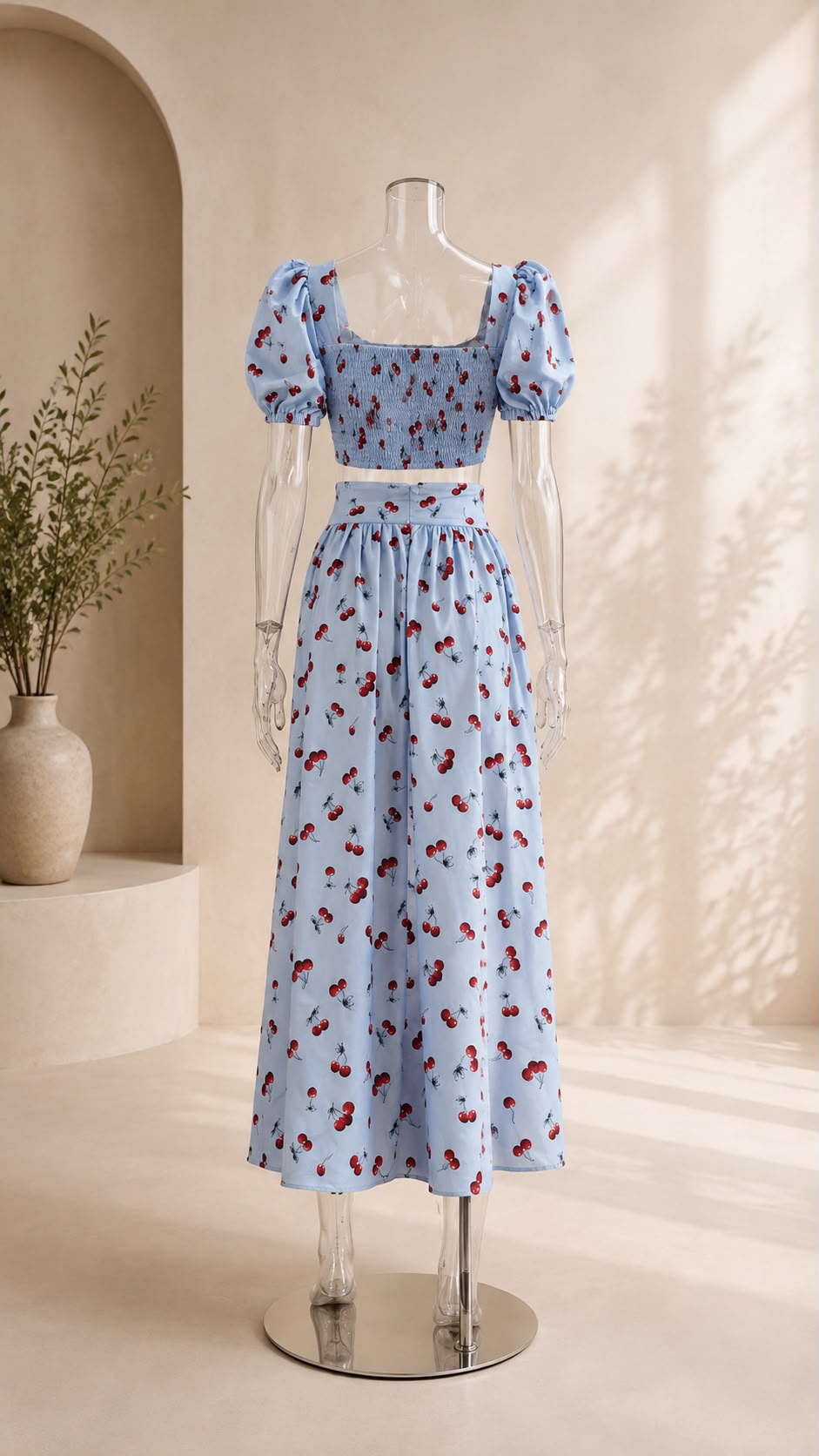 Cherry Print Puff Sleeve Crop Top & Maxi Skirt Set