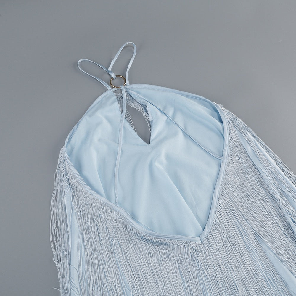 Fringed Halter Asymmetric Train Gown