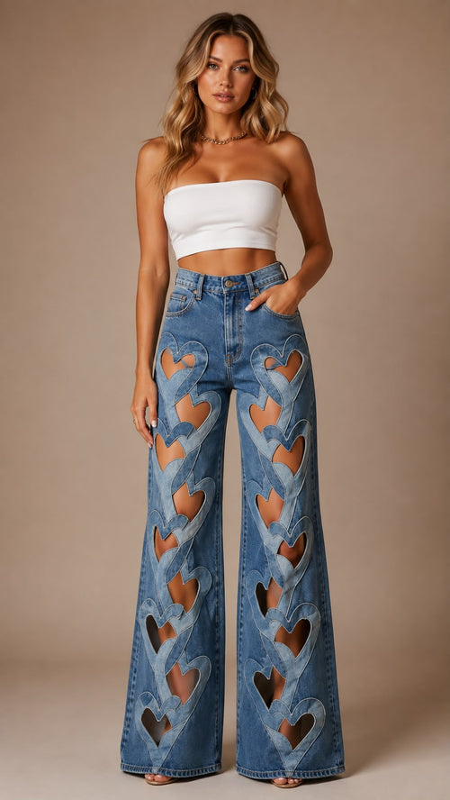 Heart Cut-Out Wide-Leg Jeans