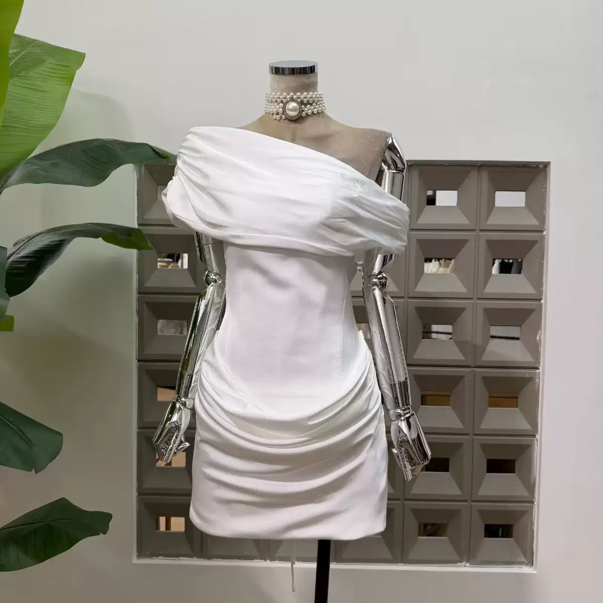 Asymmetric Draped Satin Bodycon Mini Dress