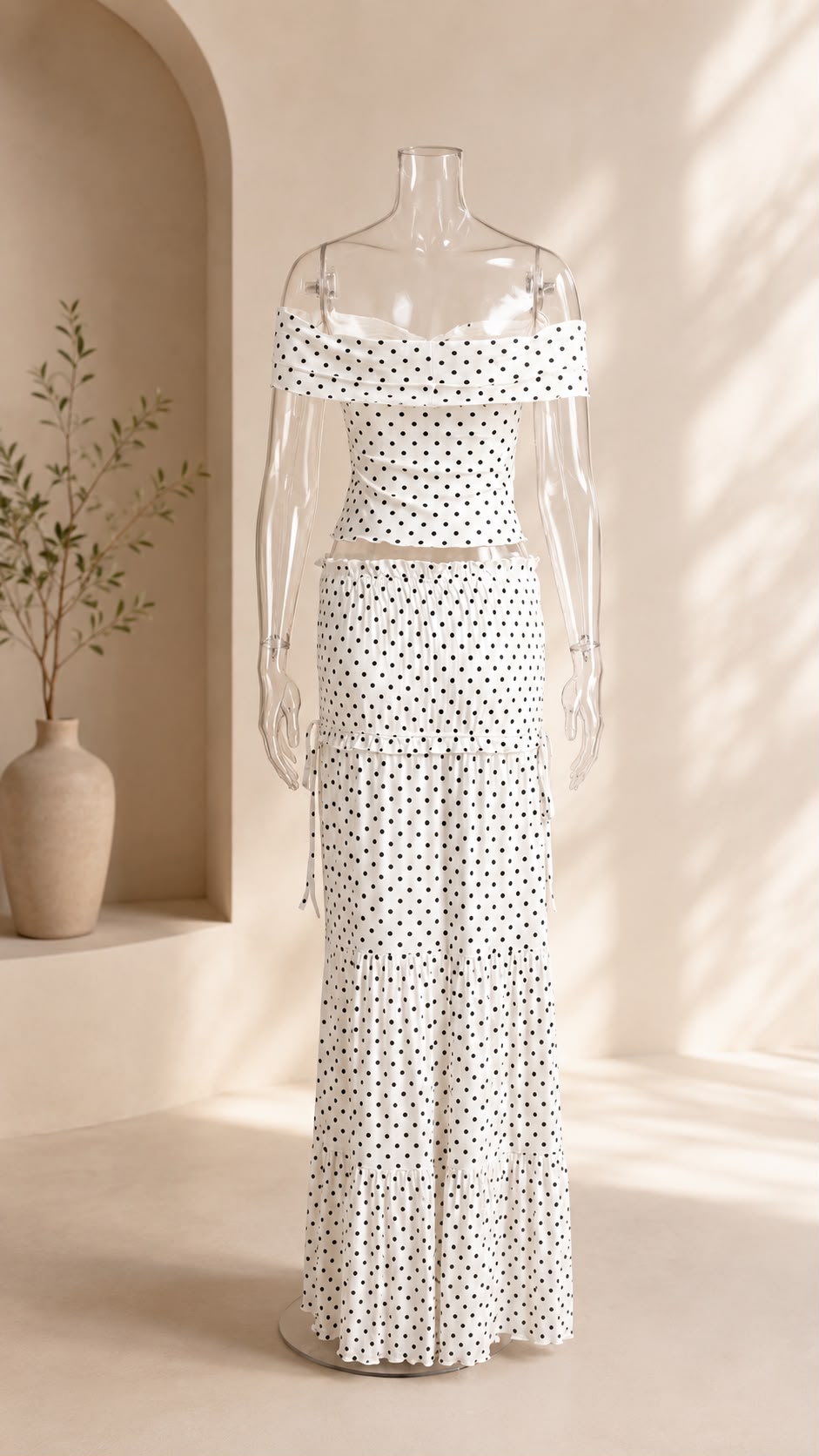 Polka Dot Off-Shoulder Top & Ruched Maxi Skirt Set