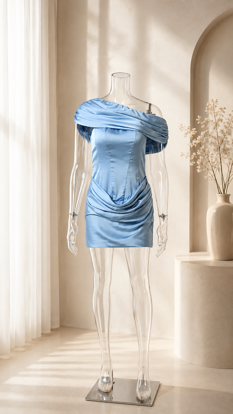 Asymmetric Draped Satin Bodycon Mini Dress