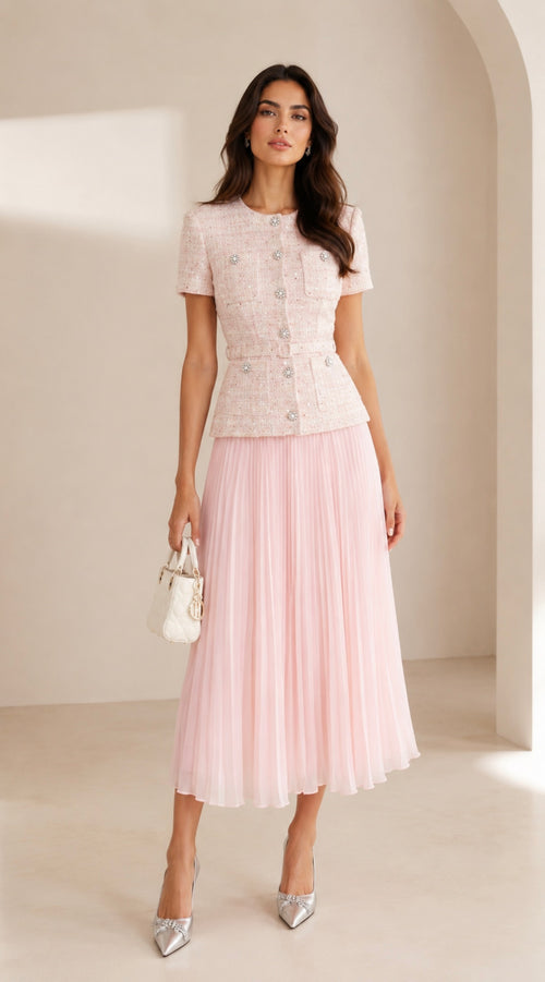 Margaux Sequin Tweed and Pleated Chiffon Maxi Dress