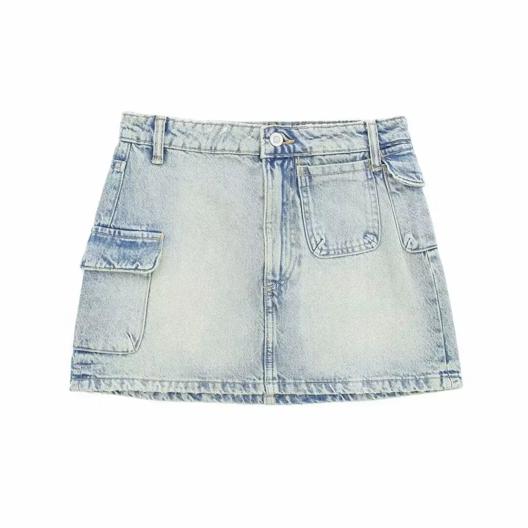 Washed Denim Cargo Mini Skirt