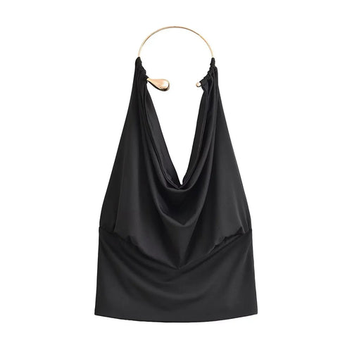 Metal Ring Halter Neck Draped Tank Top