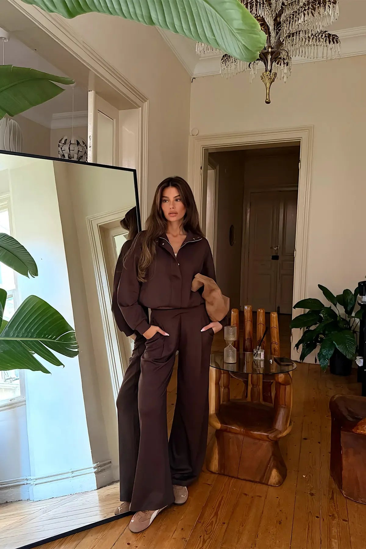 Dark Brown Pocket-Detail Trouser Set
