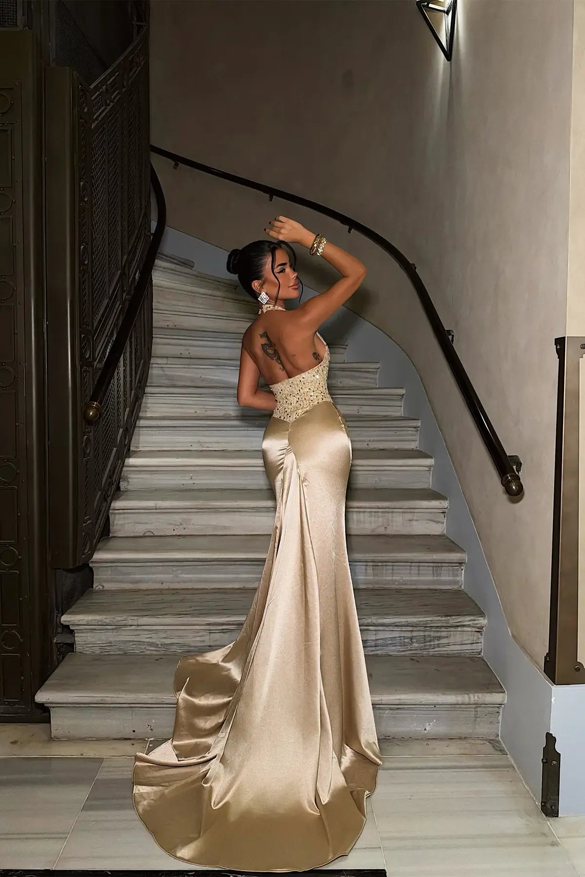 Long Dress with Gold Stone Details