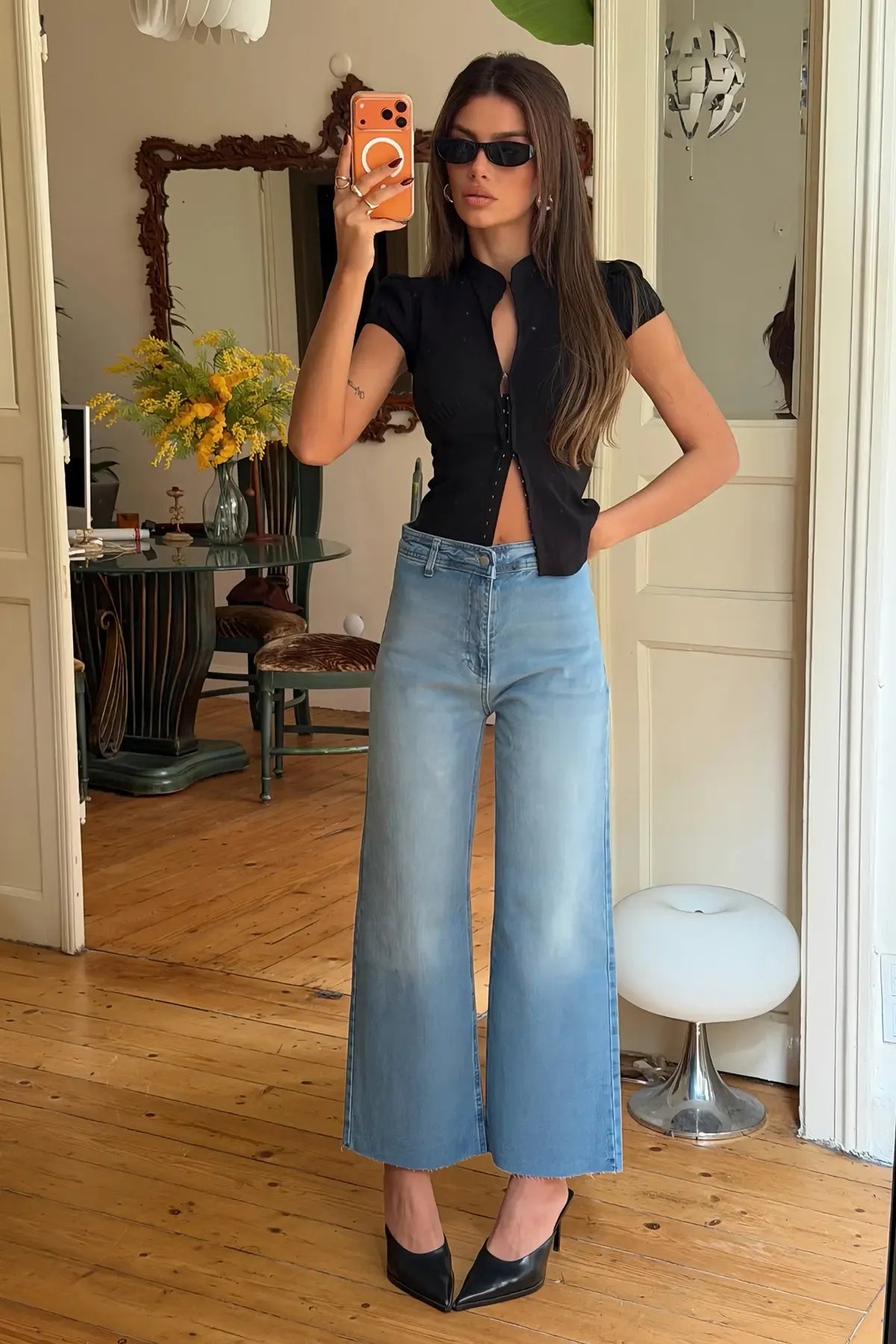 Ice Button Detail High-Waisted Jeans