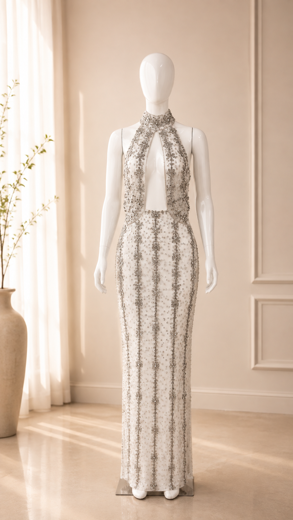 Crystal Beaded Halter Keyhole Gown