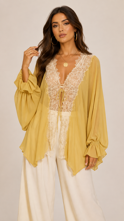 Lace Yoke Tie-Back Chiffon Blouse