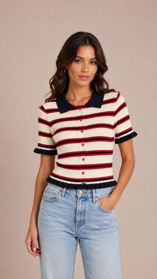 Striped Ribbed Knit Polo Cardigan
