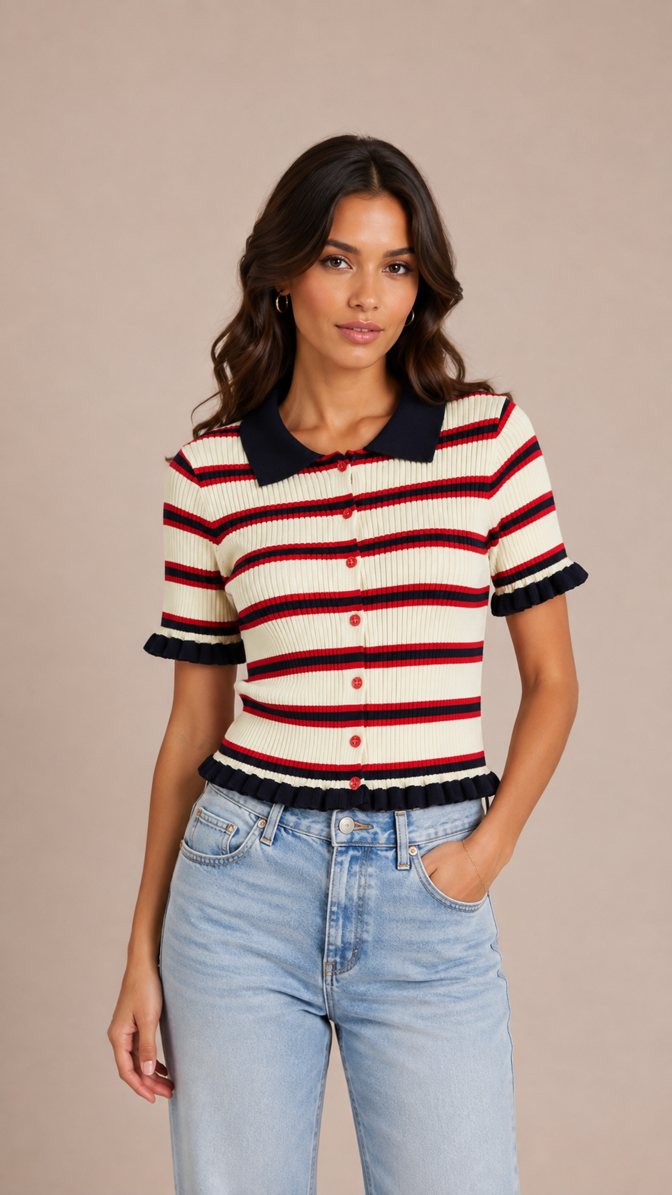 Striped Ribbed Knit Polo Cardigan