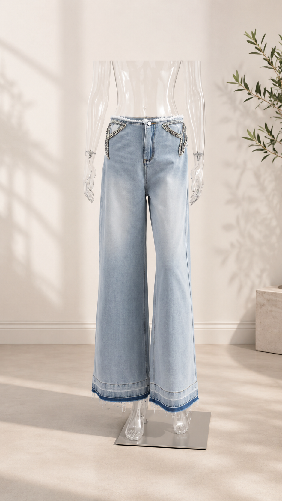 Rhinestone Star Cutout Low-Waist Wide-Leg Jeans