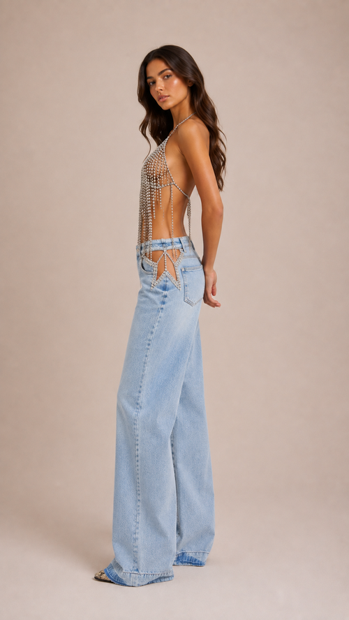 Rhinestone Star Cutout Low-Waist Wide-Leg Jeans