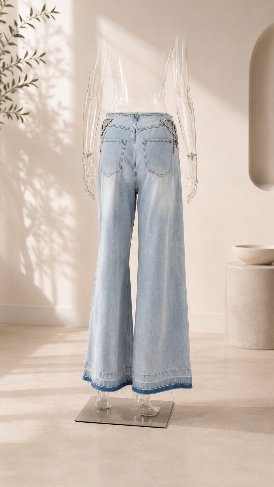 Rhinestone Star Cutout Low-Waist Wide-Leg Jeans