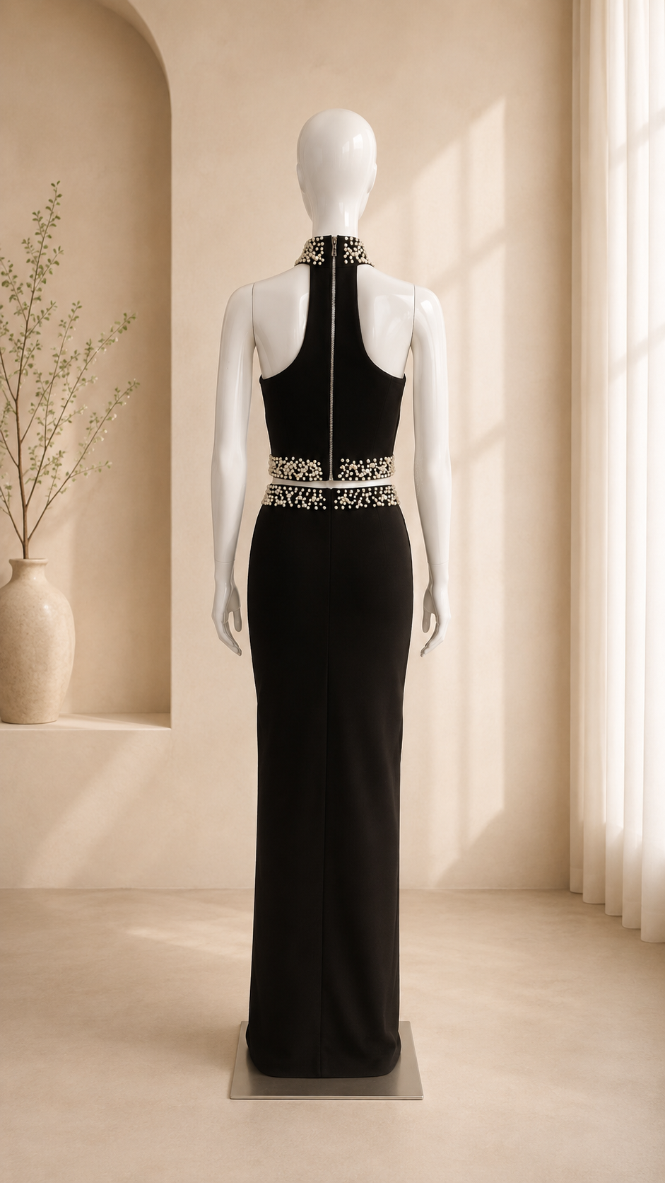 Corine Pearl-Trim Halter Top and Maxi Skirt Set