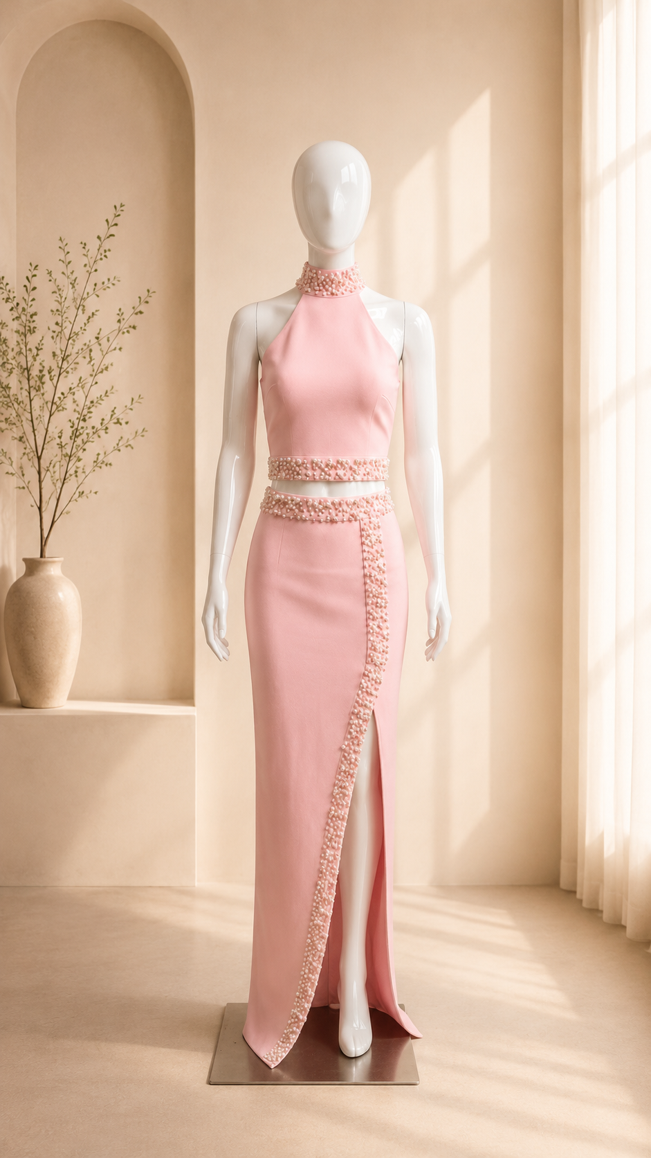 Corine Pearl-Trim Halter Top and Maxi Skirt Set