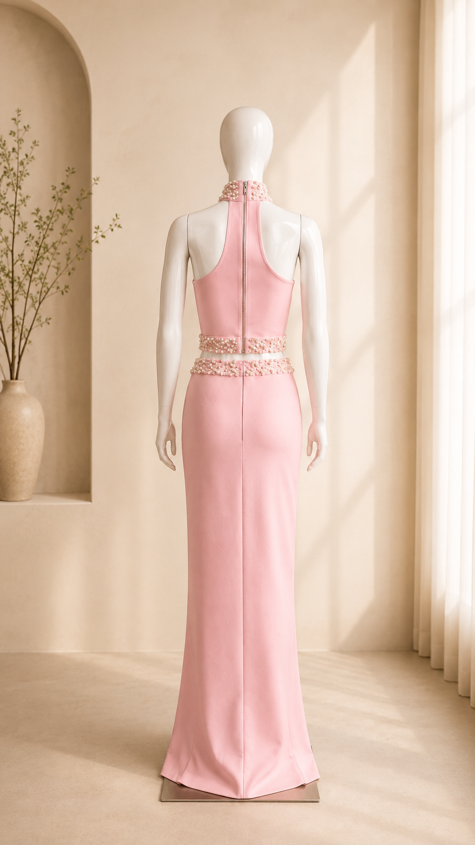 Corine Pearl-Trim Halter Top and Maxi Skirt Set