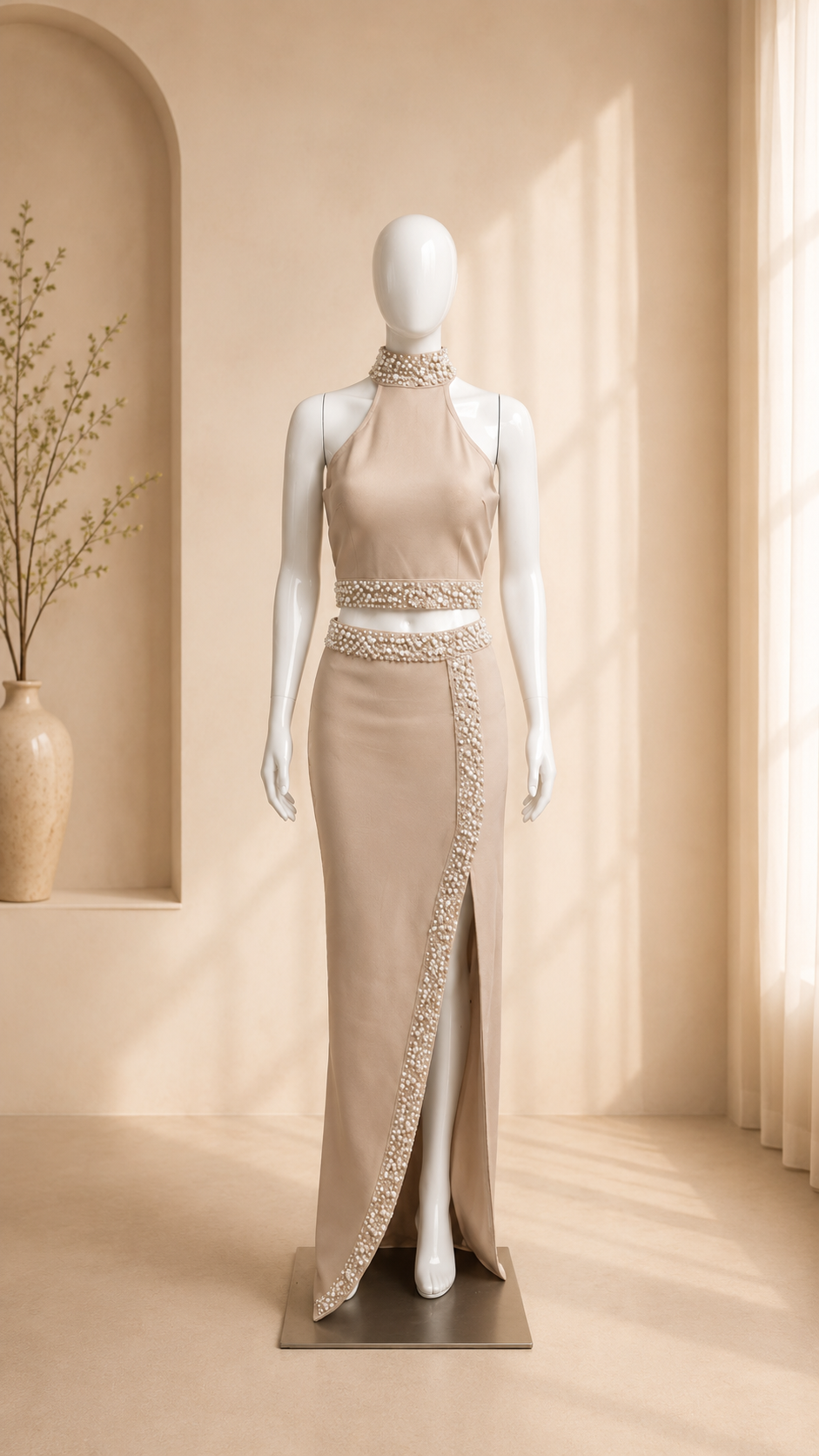 Corine Pearl-Trim Halter Top and Maxi Skirt Set