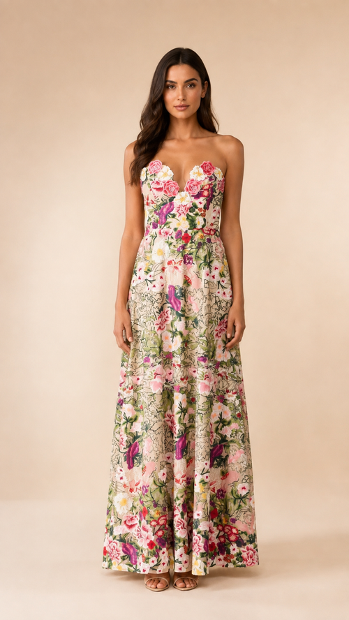 Florabel Embroidered Mesh Strapless Maxi Dress