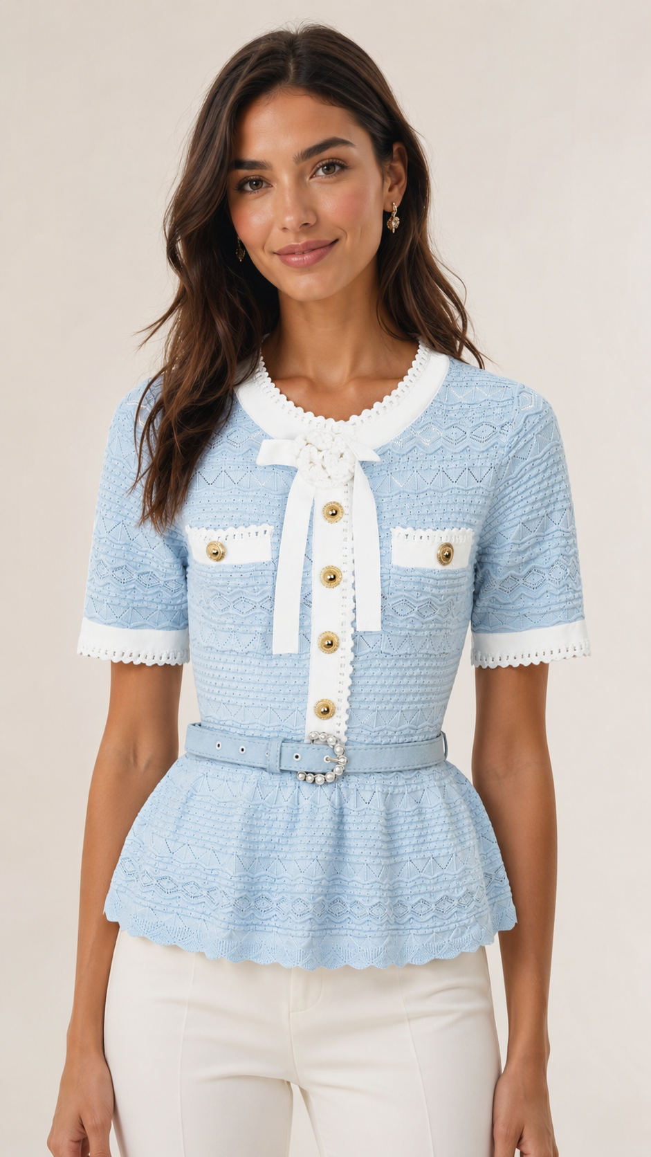 Coralie Pearl-Button Knit Peplum Top