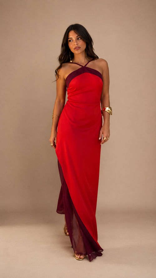 Color-Blocked Halter Neck Slip Maxi Dress