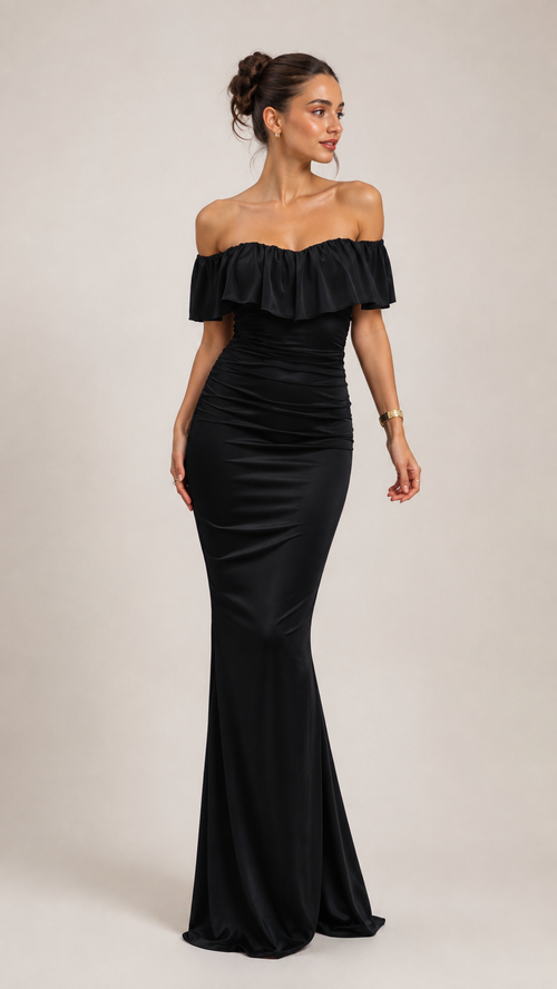 Off-Shoulder Ruffle Ruched Mermaid Maxi Dress