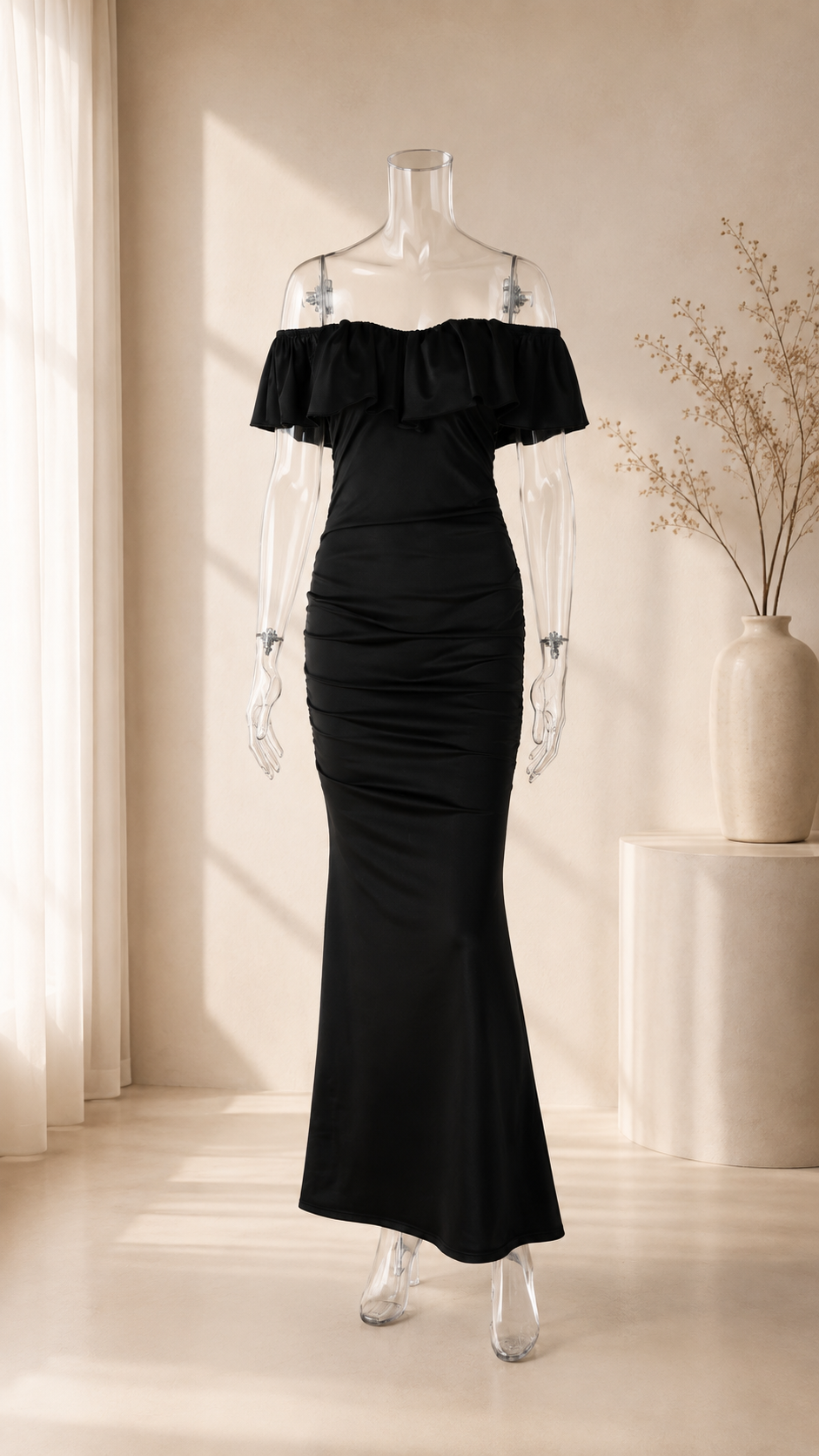Off-Shoulder Ruffle Ruched Mermaid Maxi Dress
