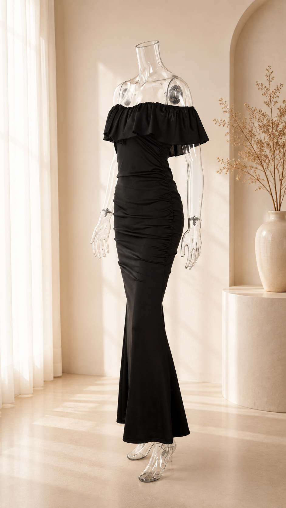 Off-Shoulder Ruffle Ruched Mermaid Maxi Dress