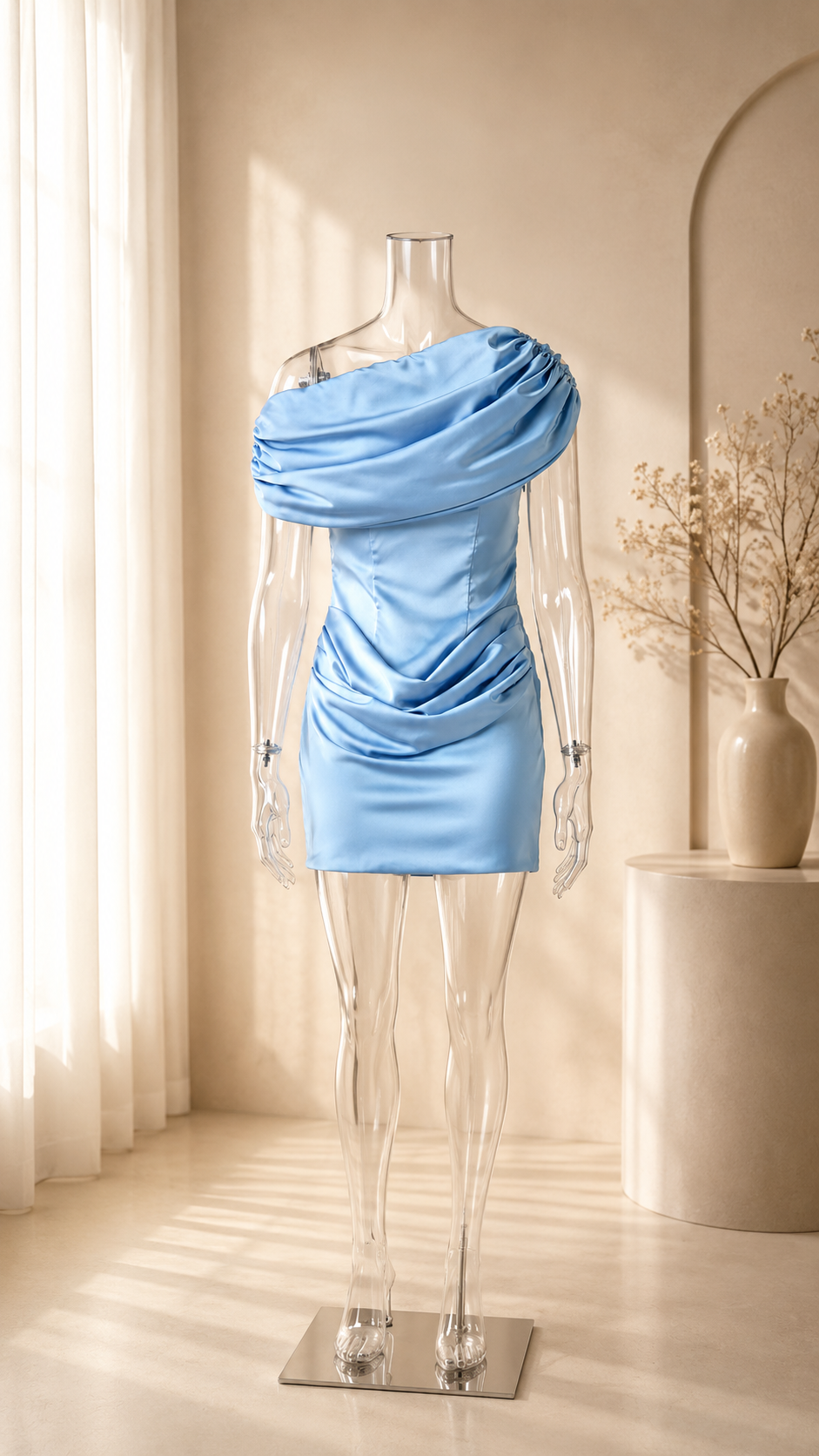 Asymmetric Draped Satin Bodycon Mini Dress