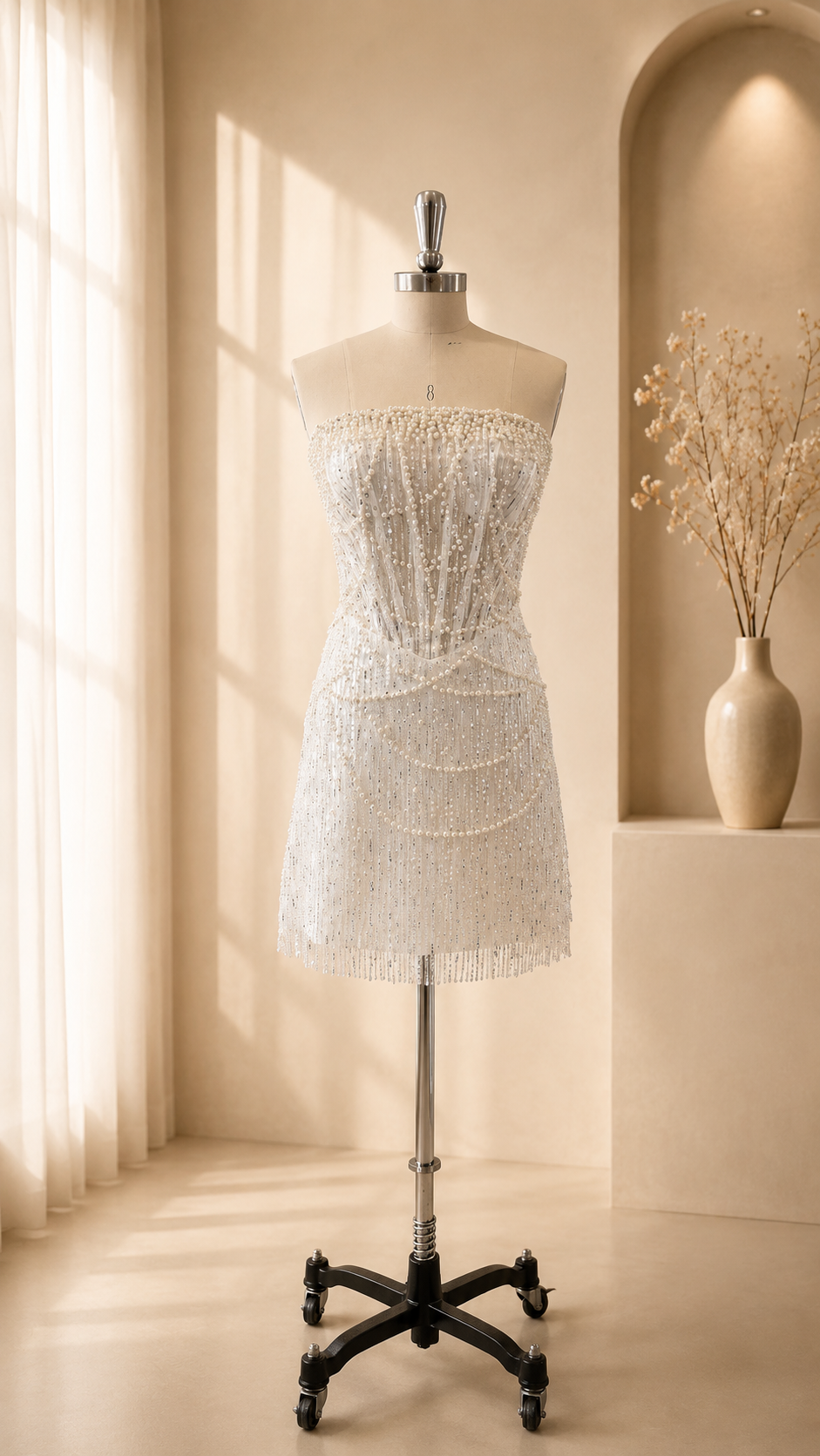 Beaded Pearl Fringe Mini Dress