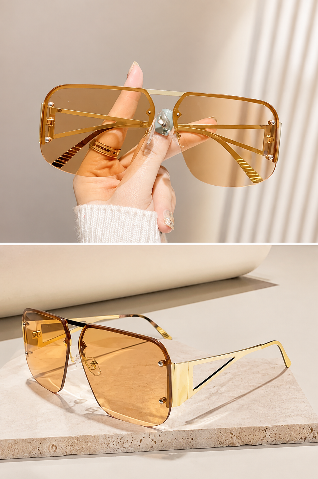 Metal Half-Frame Oversized Aviator Sunglasses