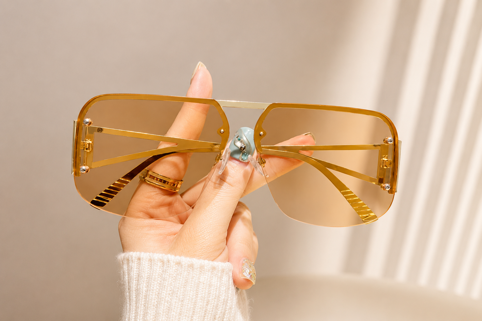Metal Half-Frame Oversized Aviator Sunglasses
