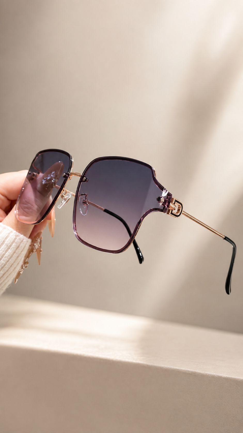 Curved Rimless-Edge Square Sunglasses