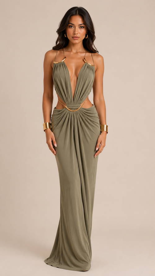 Metal Ring Halter Cutout Maxi Dress