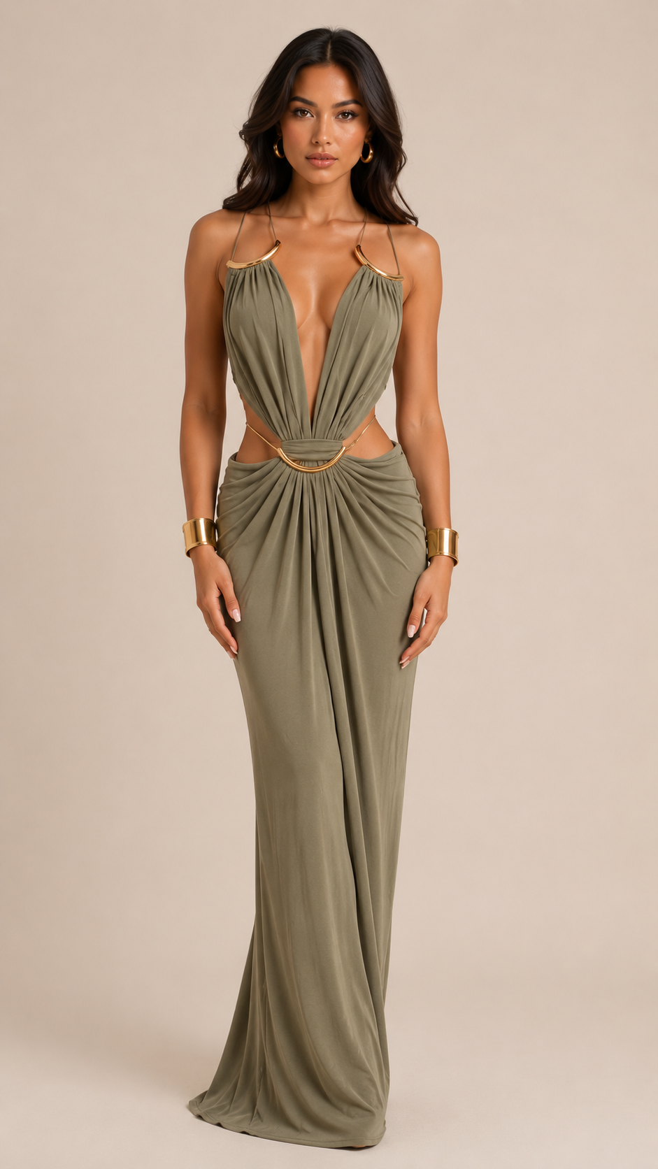 Metal Ring Halter Cutout Maxi Dress