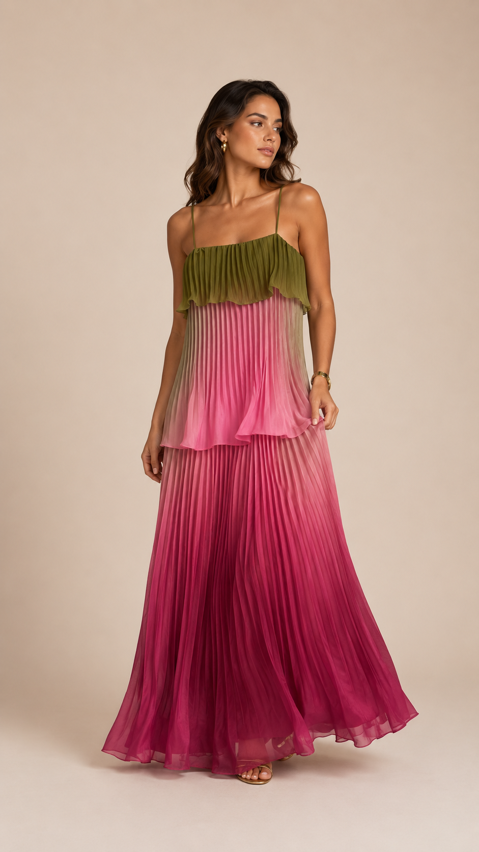 Ombre Pleated Tiered Maxi Dress