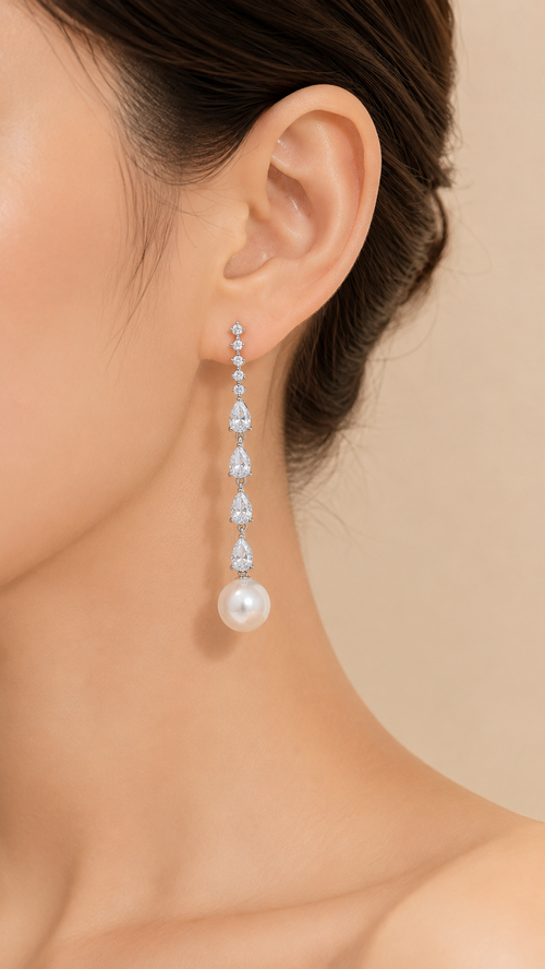 Zircon Drop Pearl Tassel Earrings