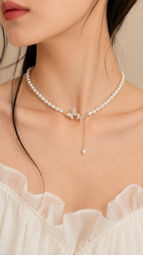 Papillon Pearl and Crystal Butterfly Necklace