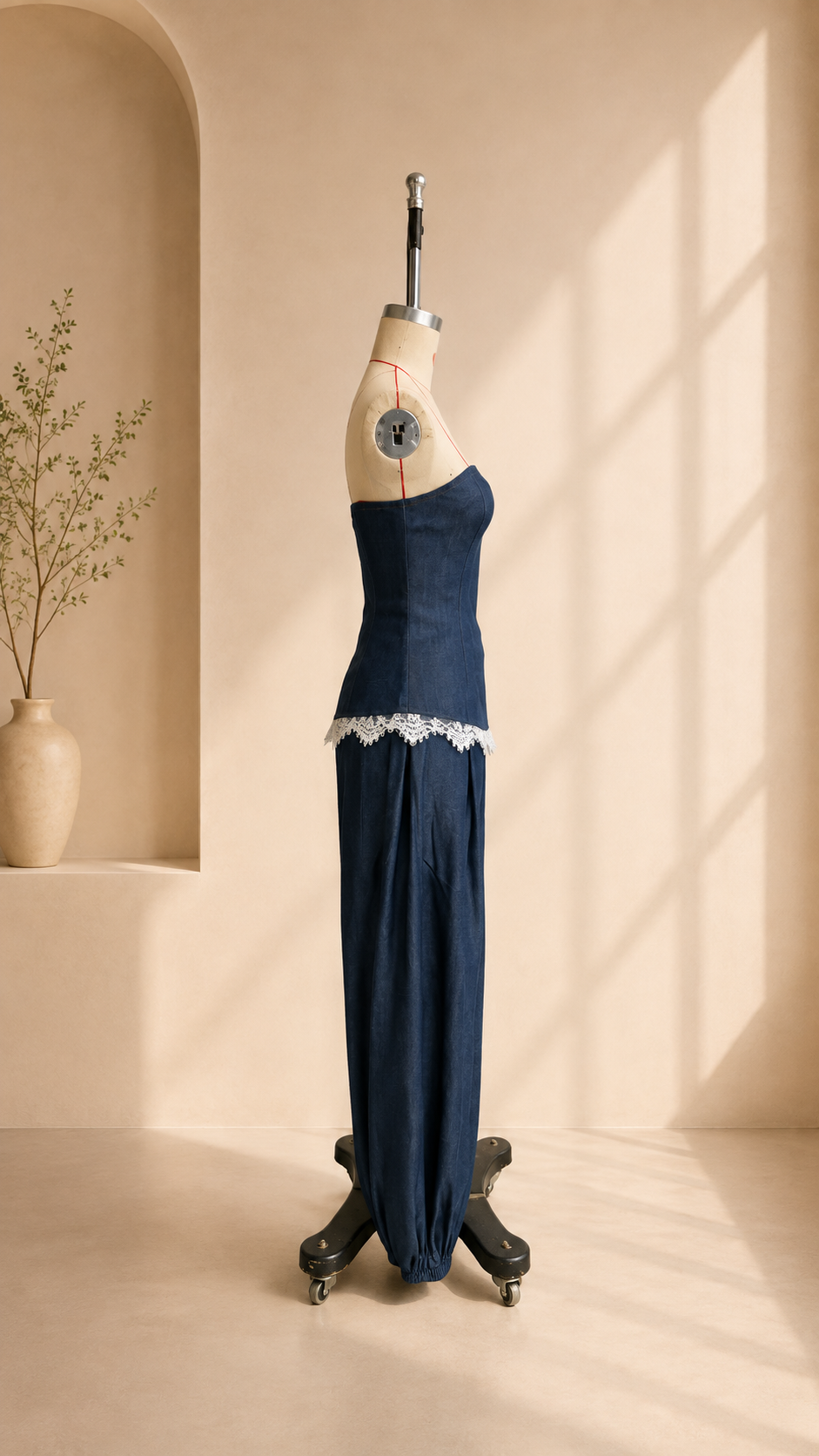 Marisol Lace-Trim Denim Tube Top and Trouser Set