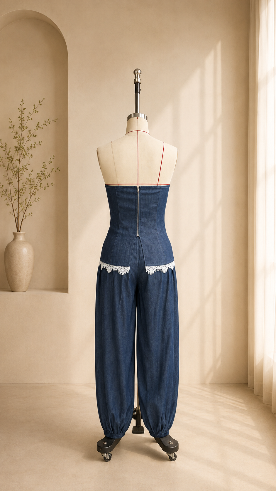 Marisol Lace-Trim Denim Tube Top and Trouser Set