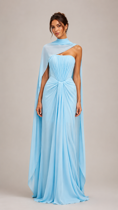 Solene Draped Chiffon Cape Maxi Dress