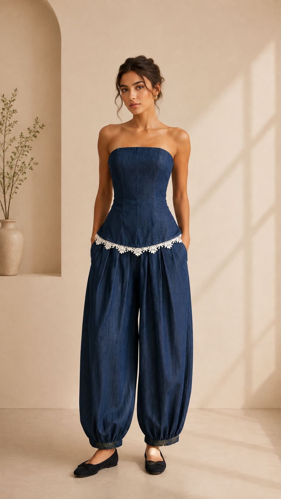 Marisol Lace-Trim Denim Tube Top and Trouser Set