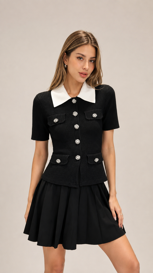 Delphine Contrast-Collar Knit Top and Pleated Skirt Set