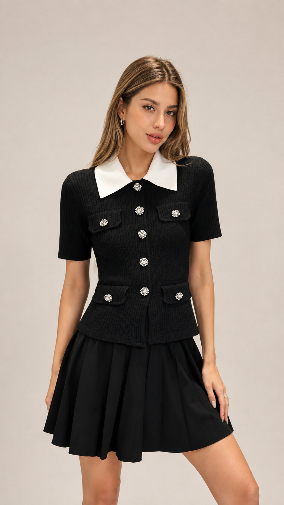 Delphine Contrast-Collar Knit Top and Pleated Skirt Set