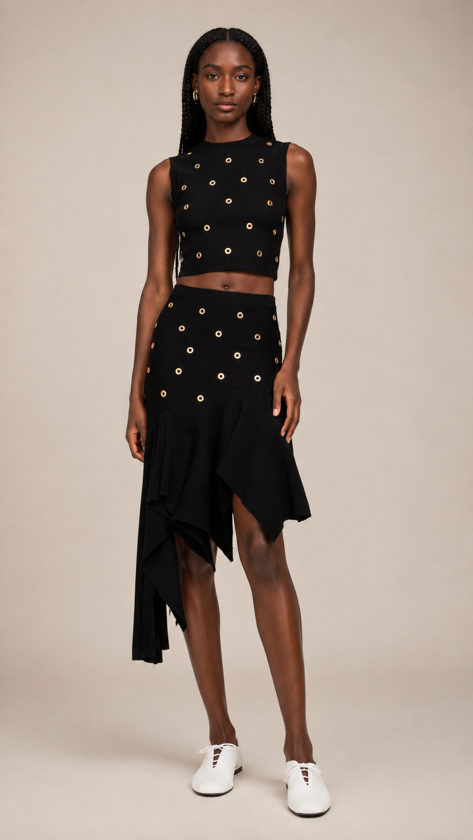 Ondine Gold-Stud Knit Tank and Asymmetric Skirt Set